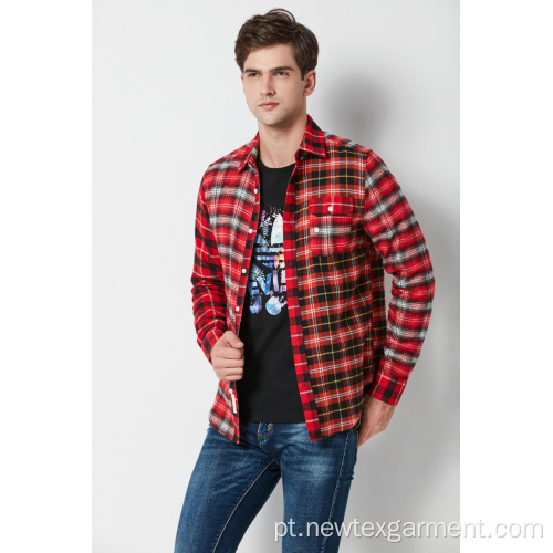 Camisa tingida fio do flanel da verificação dos homens